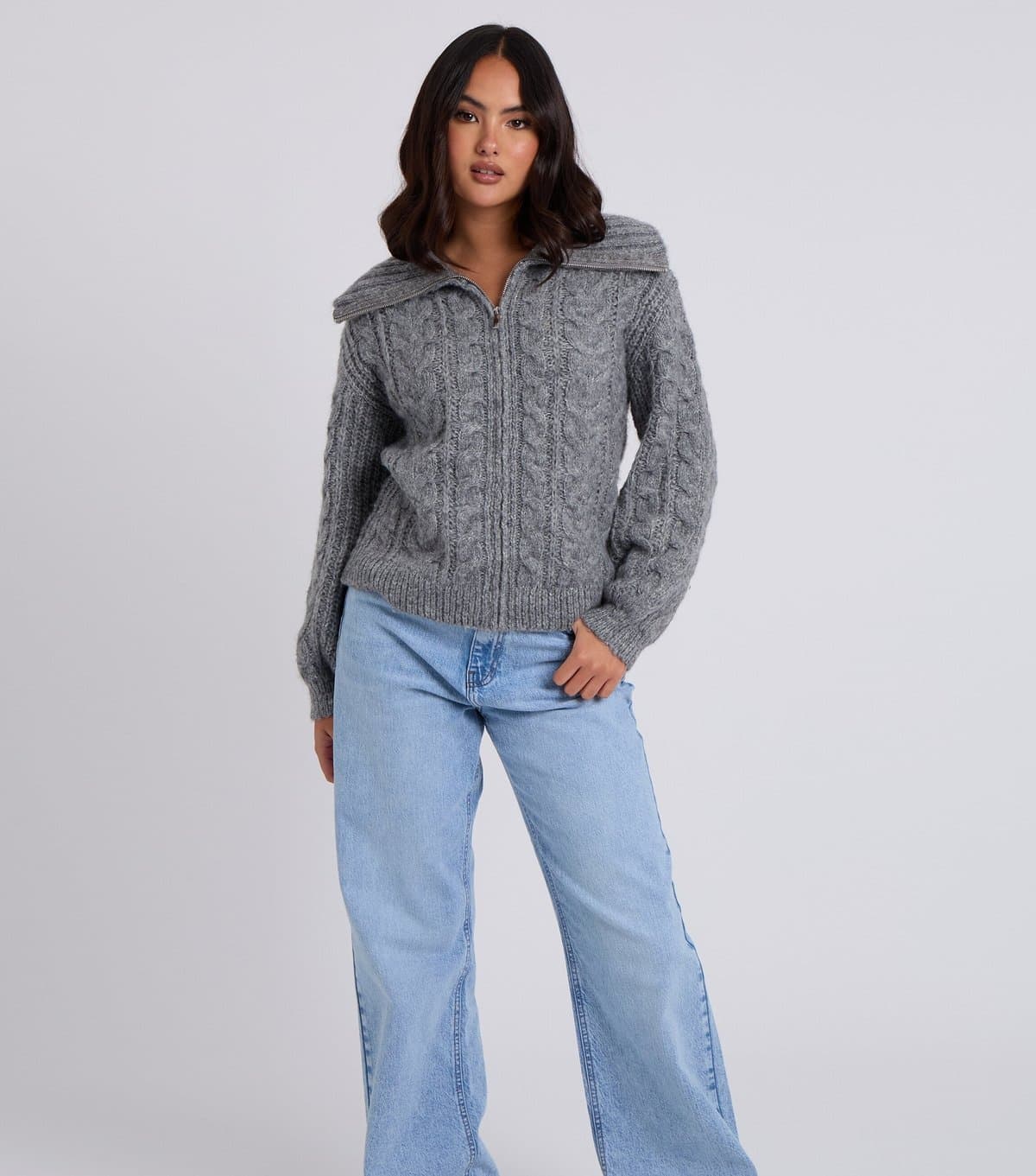 Urban Bliss Urban Bliss Grey Cable Knit Zipped Cardigan