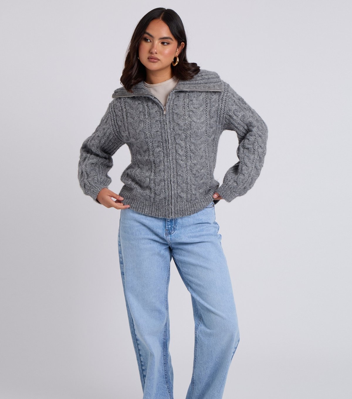 Urban Bliss Women's Grey Cable Knit Zipped Cardigan Urban Bliss New Look - 2