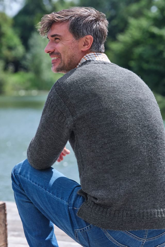 WoolOvers WoolOvers Men's Pure Wool Guernsey Jumper in Grey - 3