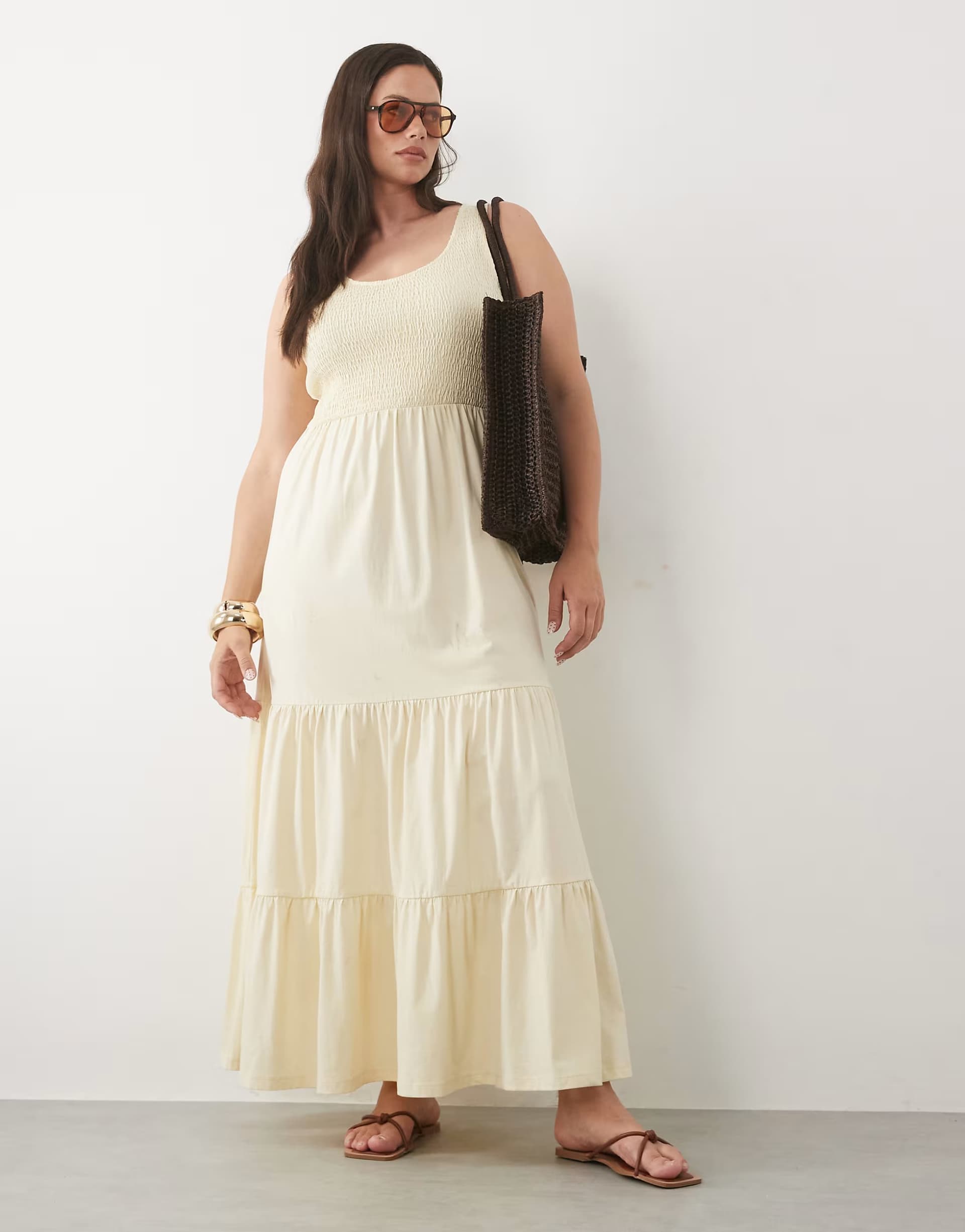 ASOS Brave Soul Curve scoop neck shirred bodice dress with tiered skirt in yellow