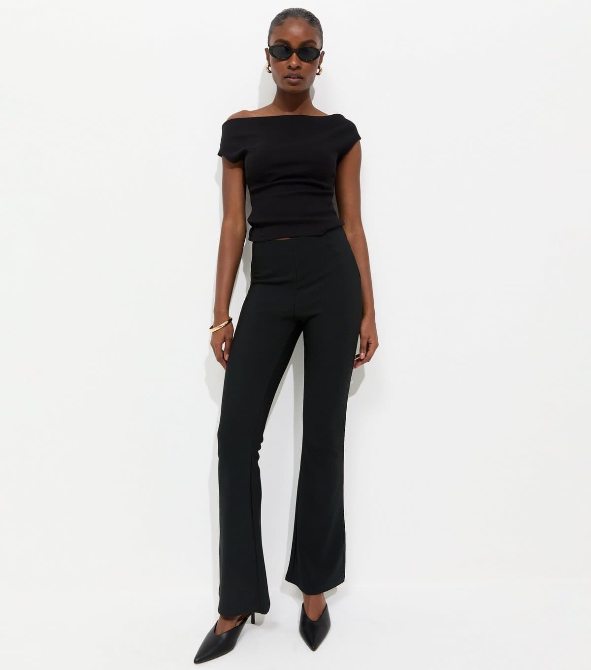 New Look Women's Black Ribbed Flared Trousers New Look