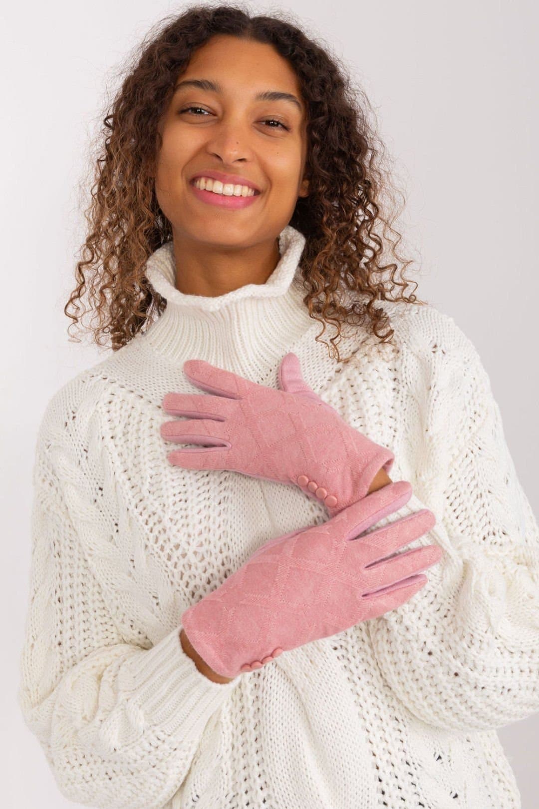 Love Lace Love Lace Women's Elegant Touchscreen Fabric Gloves with Geometric Pattern & Buttons in Pink