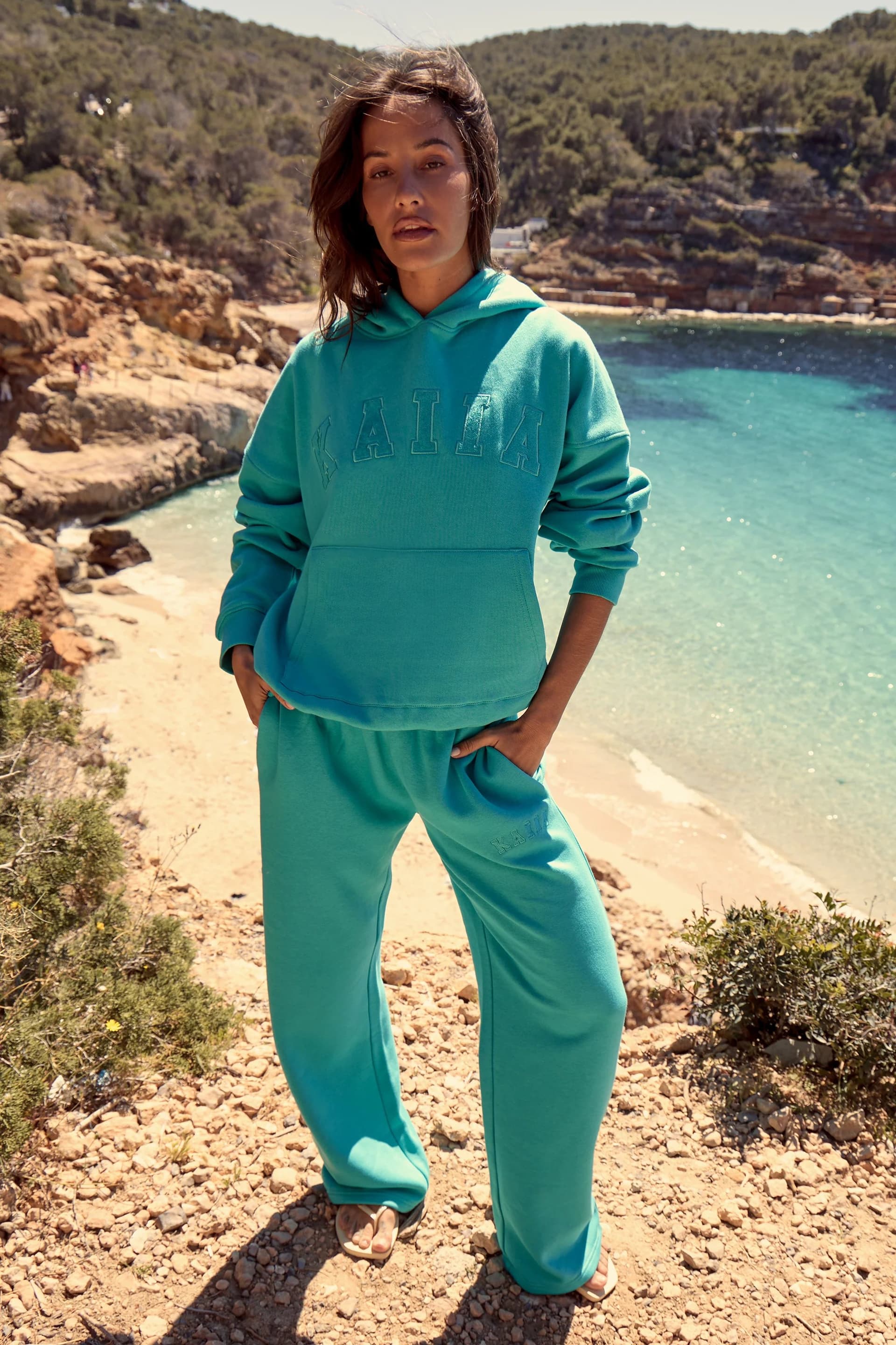 Kaiia Kaiia Logo Wide Leg Joggers Turquoise
