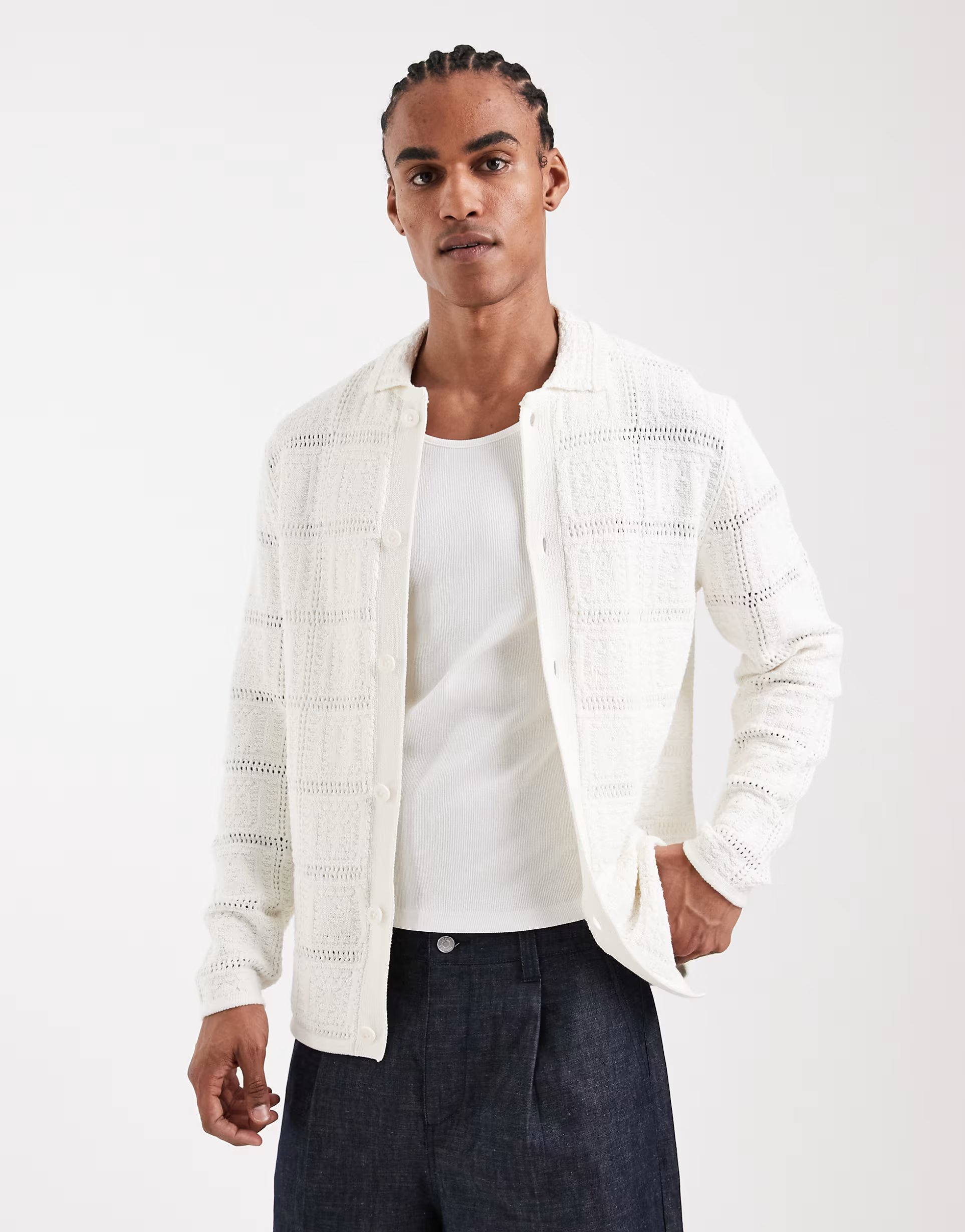 ASOS ONLY & SONS relaxed fit crochet cardigan in white - 1