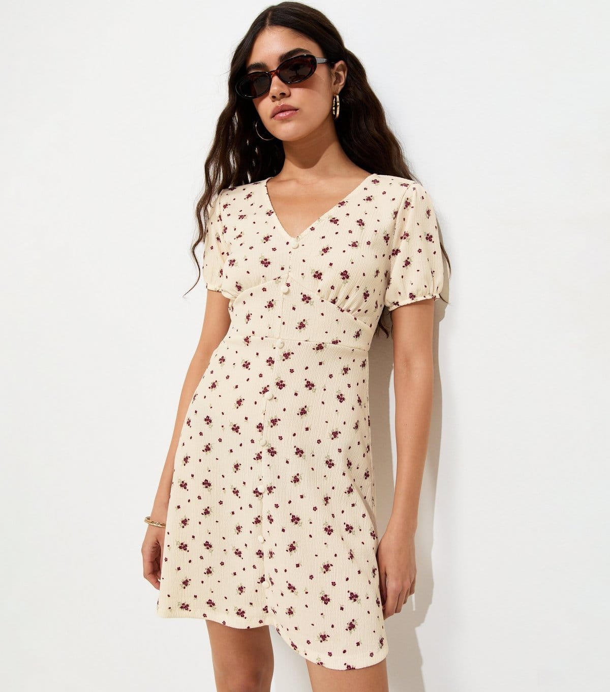 New Look White Floral V-Neck Mini Dress
