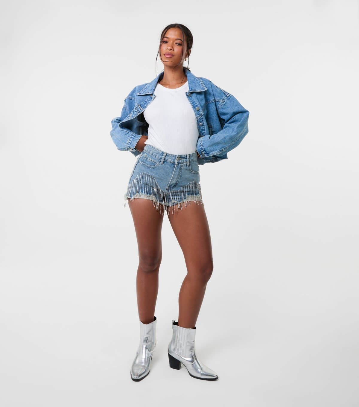 Pink Vanilla Women's Blue Diamanté Fringe Denim Shorts Pink Vanilla New Look