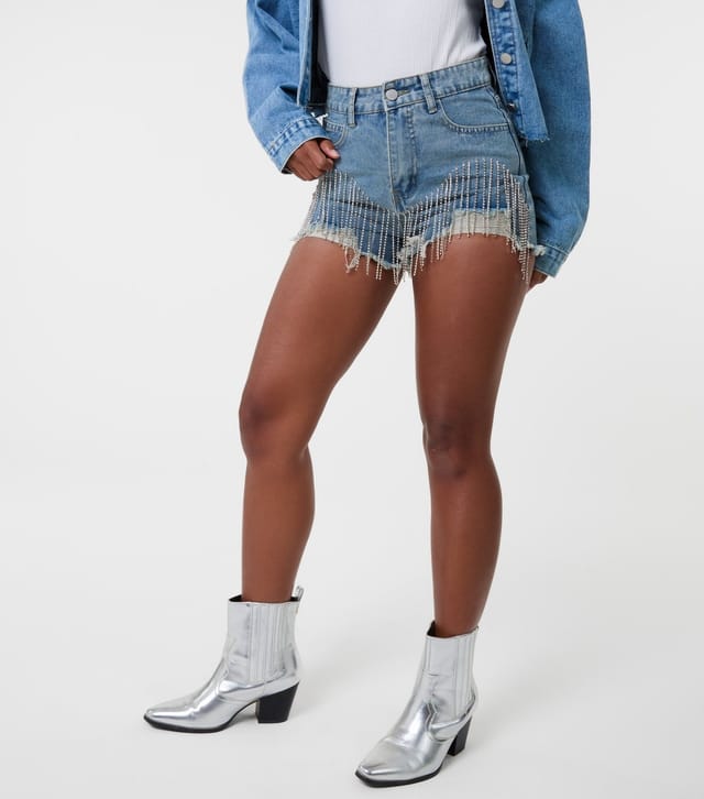 Pink Vanilla Women's Blue Diamanté Fringe Denim Shorts Pink Vanilla New Look - 2