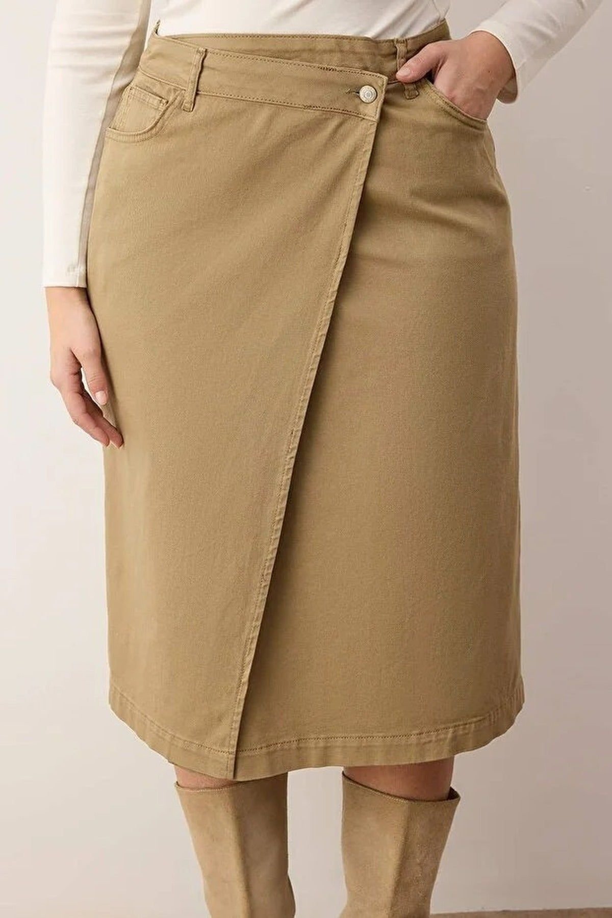 WOVCOR WOVCOR Women's High Waist Wrap Detail Midi Skirt with Structured Fit in Camel - 2