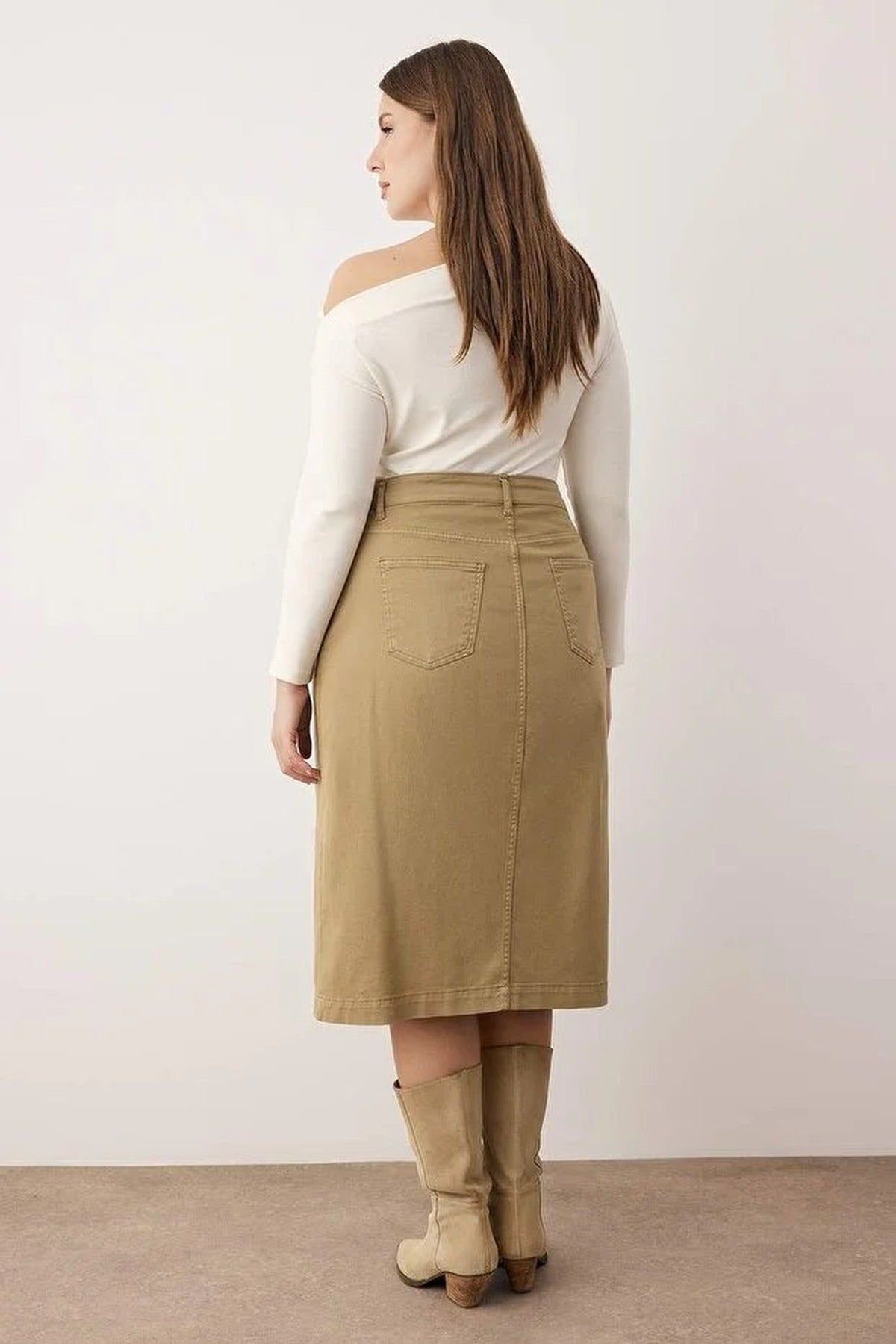 WOVCOR WOVCOR Women's High Waist Wrap Detail Midi Skirt with Structured Fit in Camel - 3