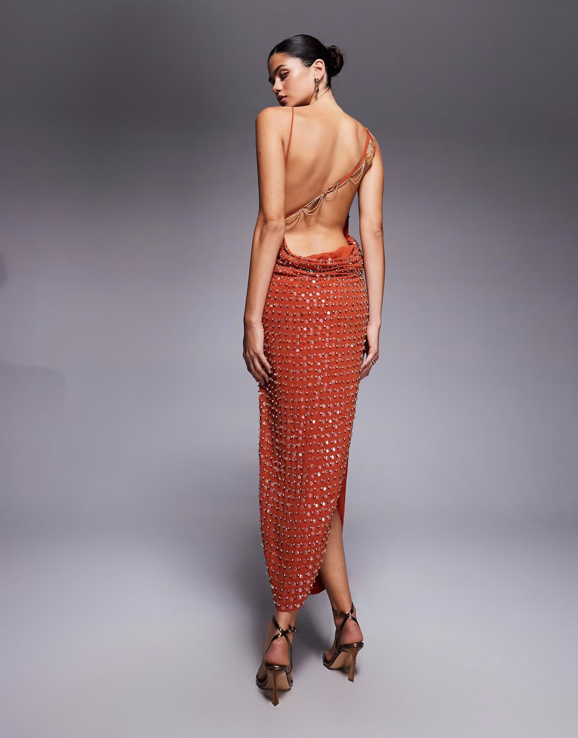ASOS ASOS DESIGN allover embellished cowl neck drape midaxi dress with chain strap detail in rust