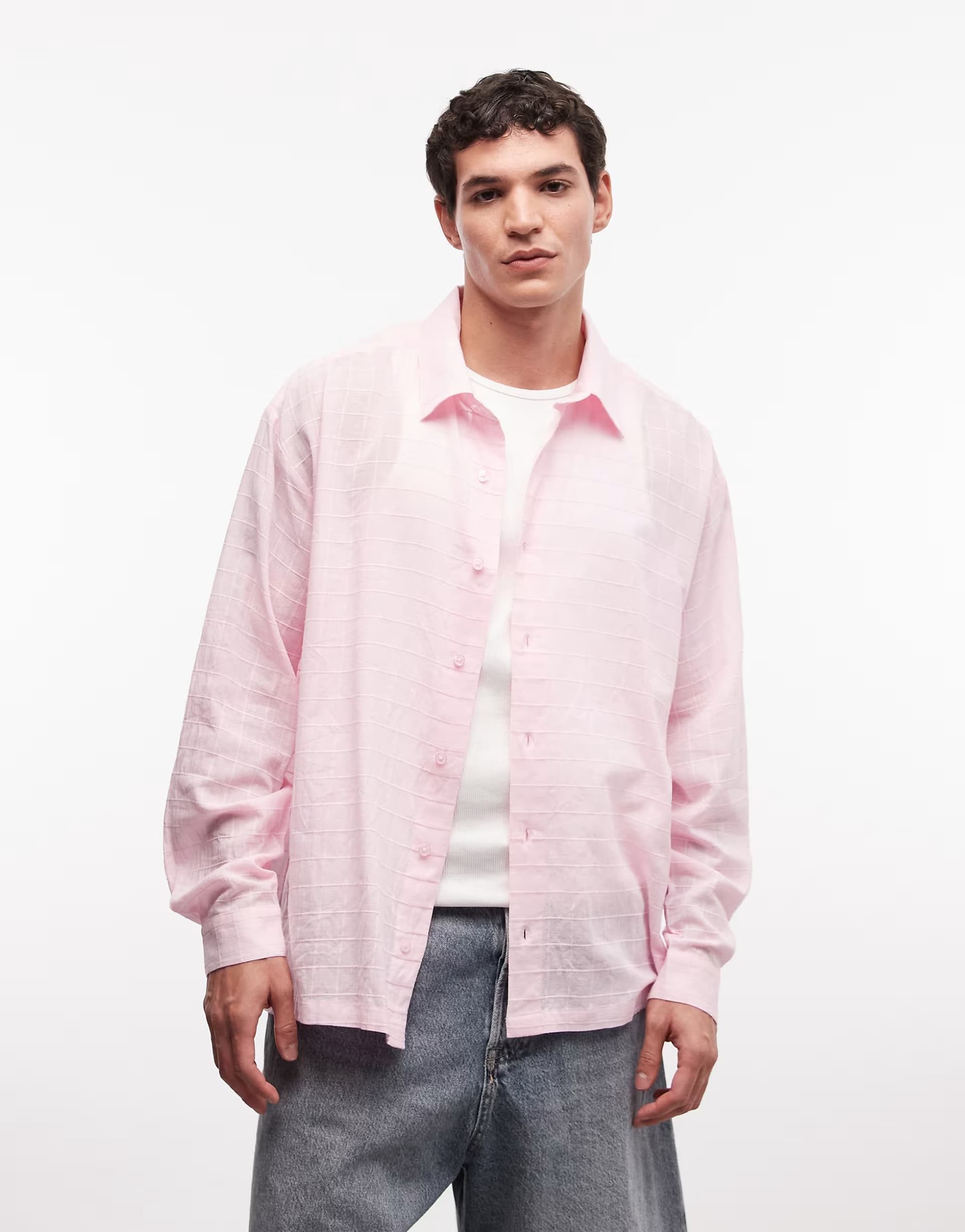 ASOS COLLUSION boxy oversized long sleeve shirt in pink textured check
