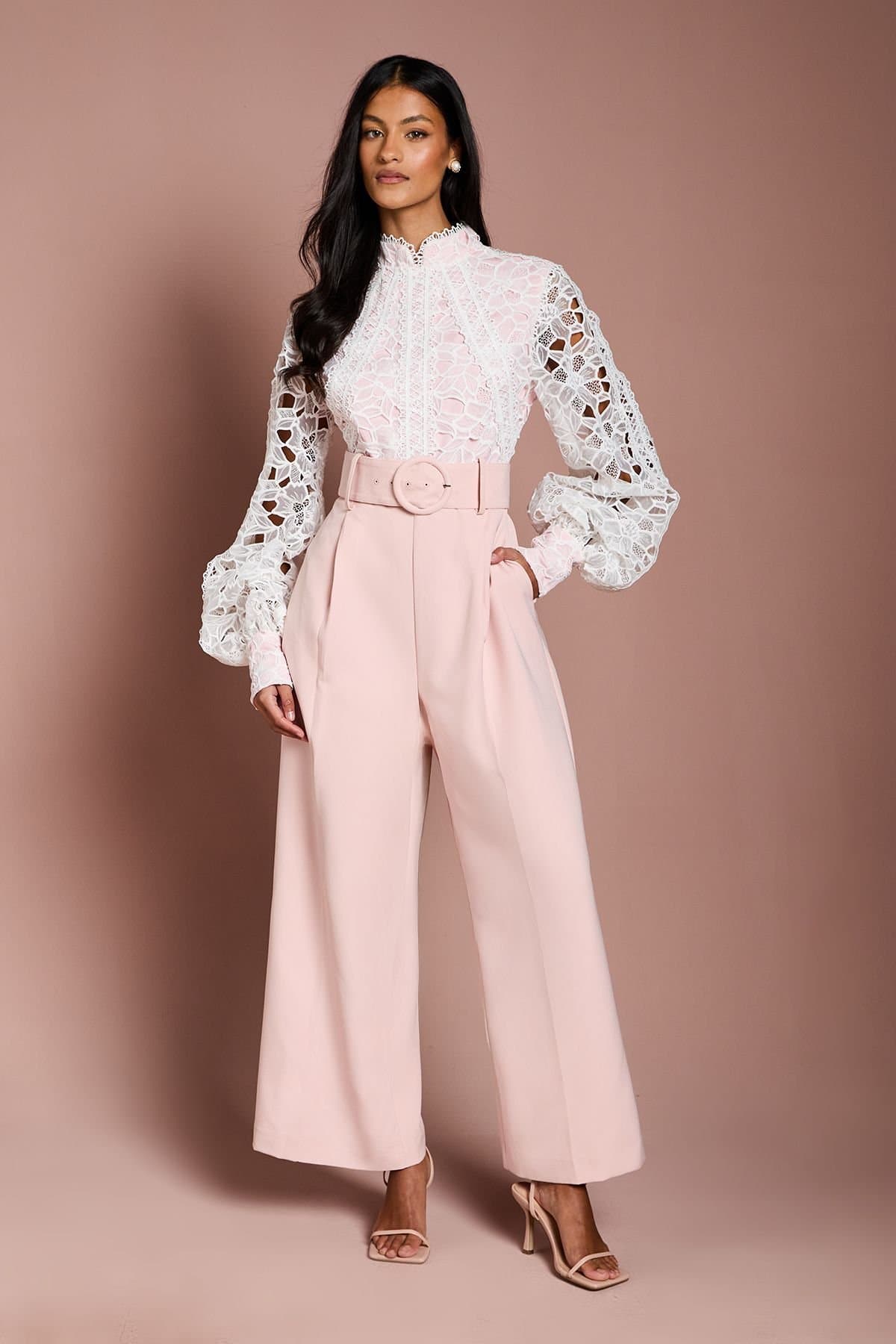 Coast Coast Women's Petite Organza Lace Belted Long Sleeve Jumpsuit in Blush