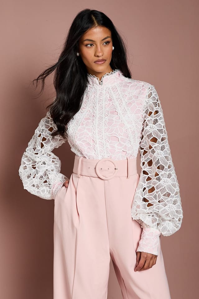 Coast Coast Women's Petite Organza Lace Belted Long Sleeve Jumpsuit in Blush - 2