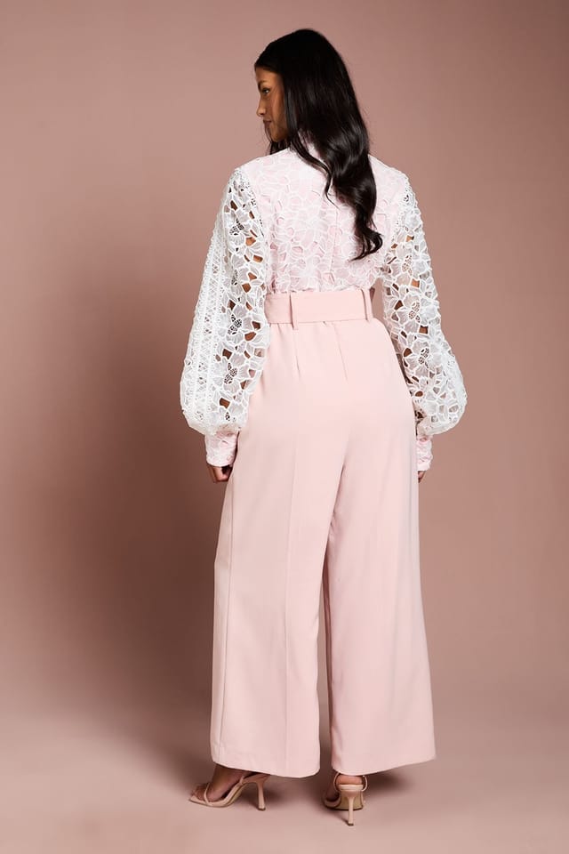 Coast Coast Women's Petite Organza Lace Belted Long Sleeve Jumpsuit in Blush - 3