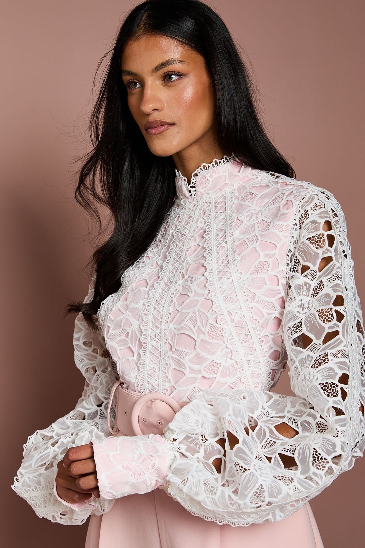Coast Coast Women's Petite Organza Lace Belted Long Sleeve Jumpsuit in Blush - 4