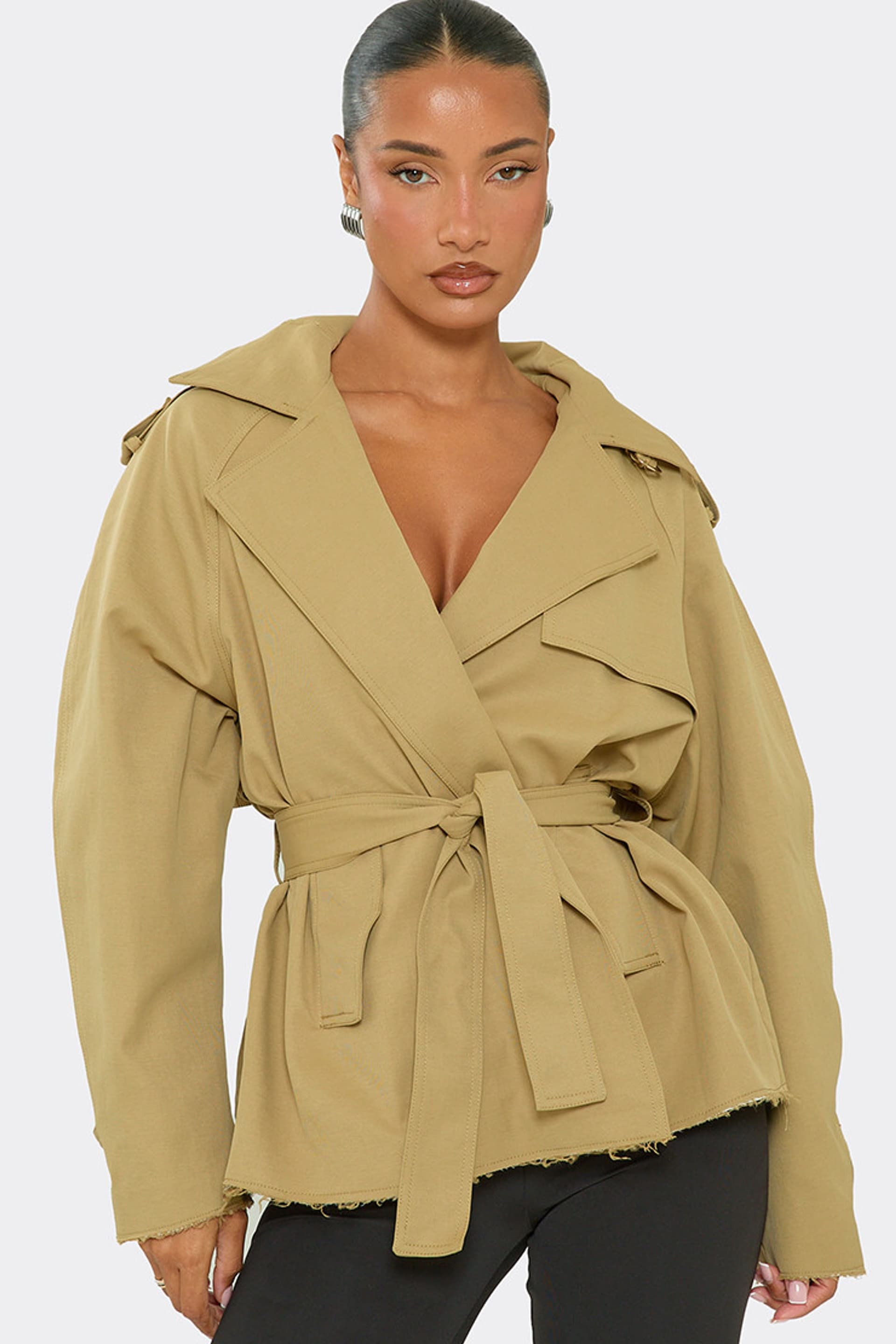 EGO EGO Women's Long Sleeve Tie Coat in Khaki