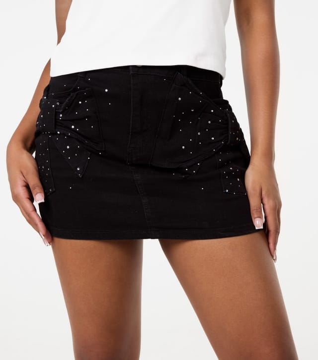 Pink Vanilla Women's Black Rhinestone Bow Denim Skirt Pink Vanilla New Look - 3