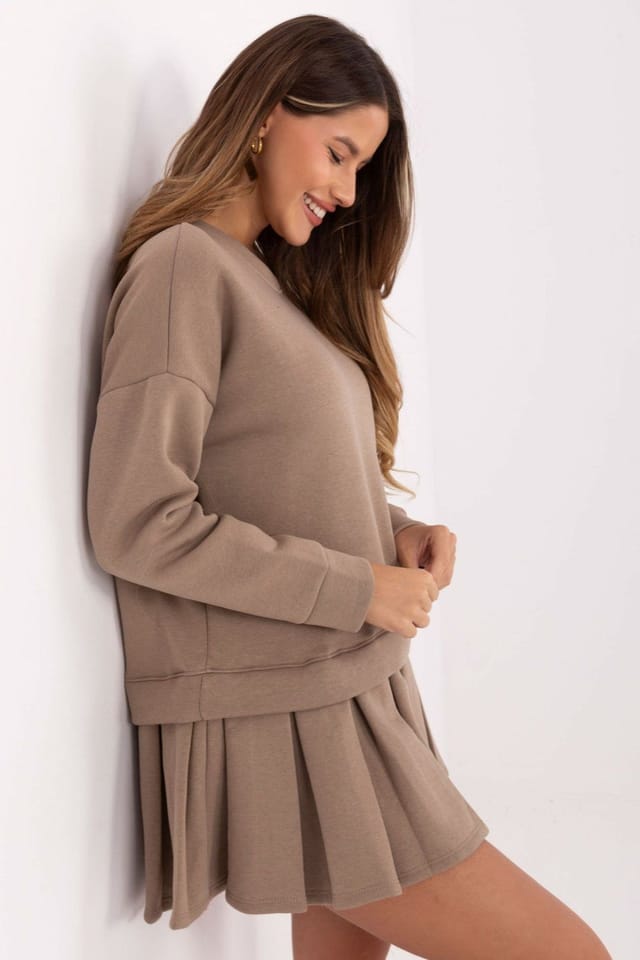 Love Lace Love Lace Women's Soft Cotton Elastane Pleated Mini Dress in Taupe - 2