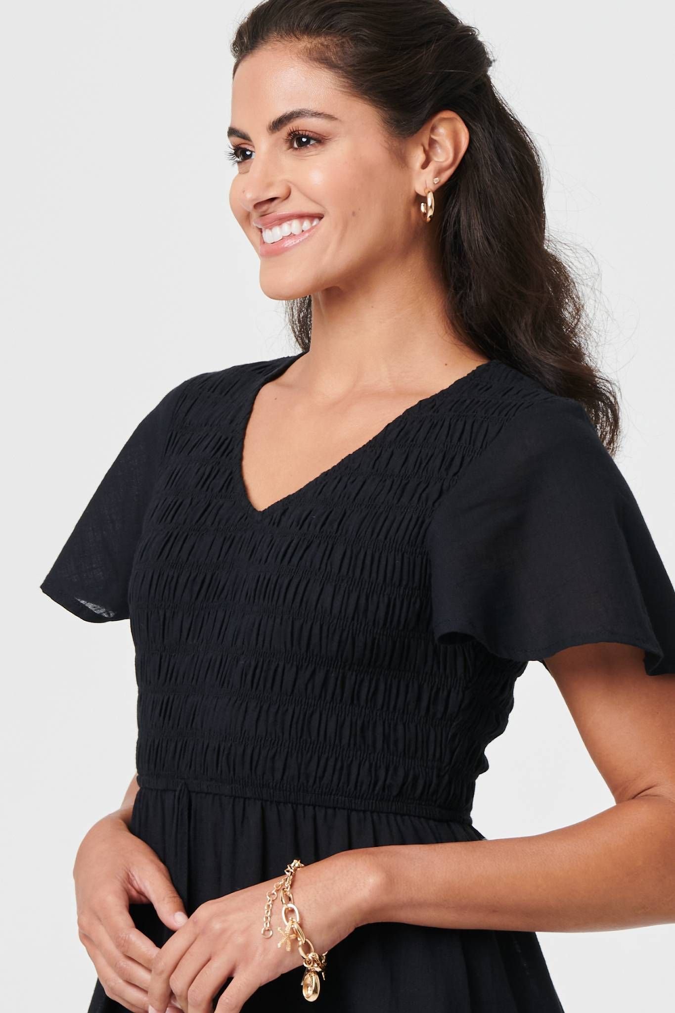 Izabel London Izabel London Women's Smocked Flared Sleeve Tiered Midi Dress in Black - 2