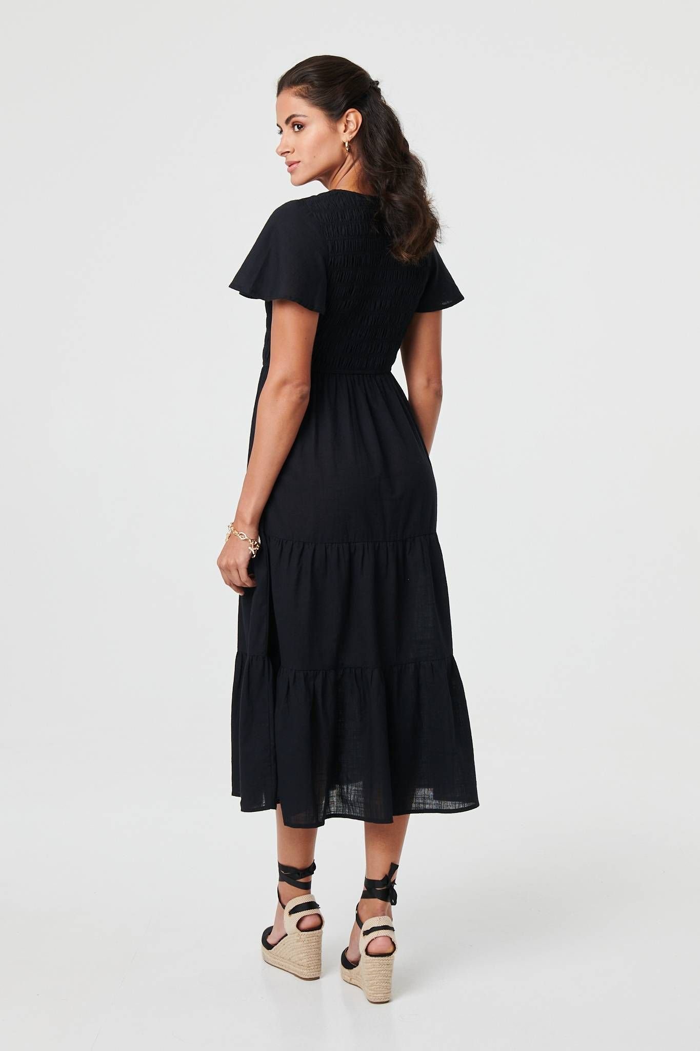 Izabel London Izabel London Women's Smocked Flared Sleeve Tiered Midi Dress in Black - 3