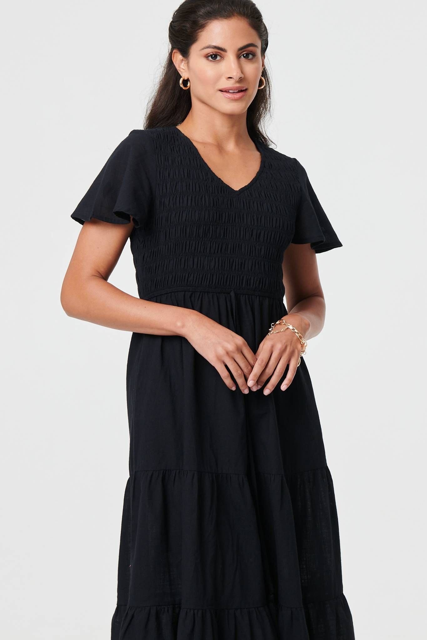 Izabel London Izabel London Women's Smocked Flared Sleeve Tiered Midi Dress in Black - 4
