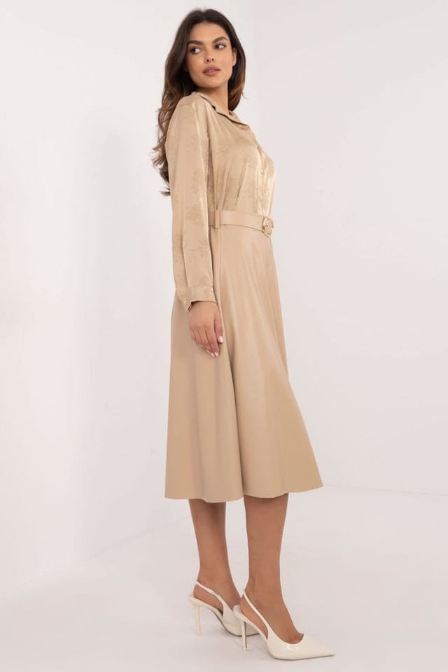 Love Lace Love Lace Women's Flared Imitation Leather Elastic Waist Skirt in Beige - 2