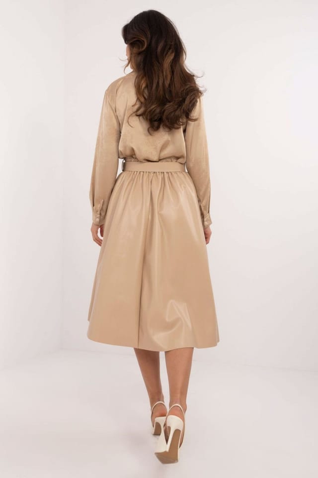 Love Lace Love Lace Women's Flared Imitation Leather Elastic Waist Skirt in Beige - 3
