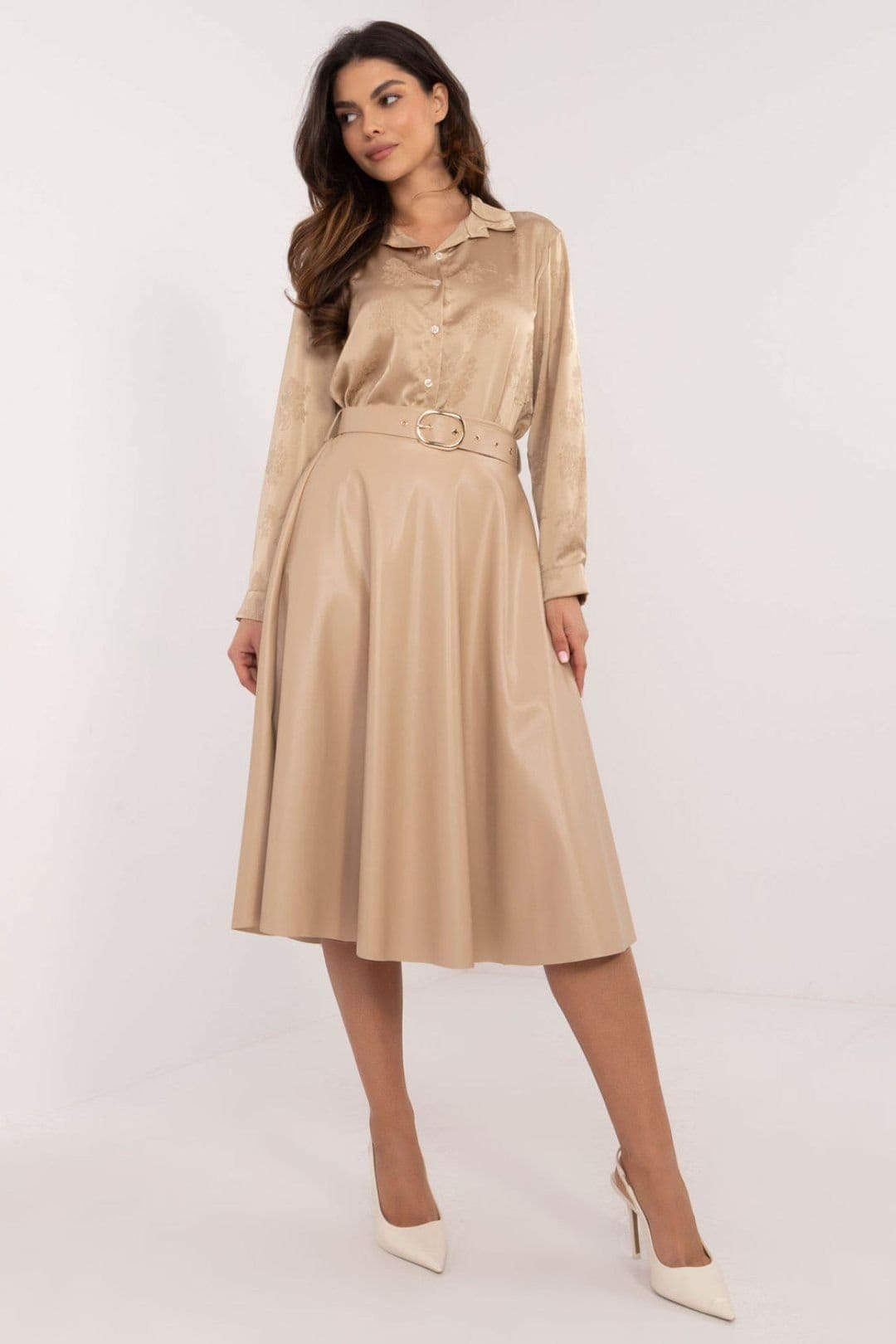 Love Lace Love Lace Women's Flared Imitation Leather Elastic Waist Skirt in Beige - 4