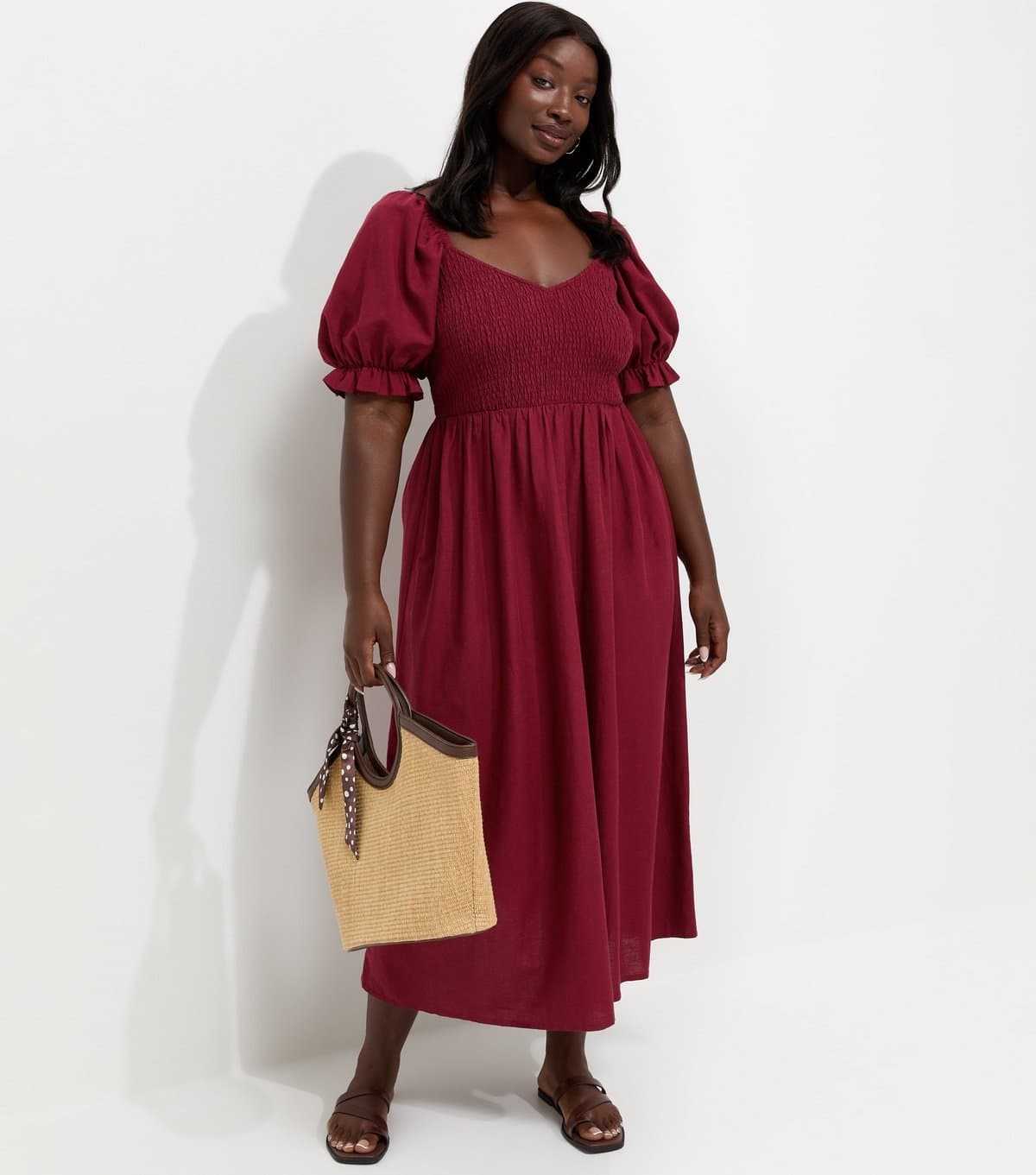 New Look Women's Plus Size Dark Burgundy With Cotton Shirred Bodice Puff Sleeve Midi Dress Curves New Look