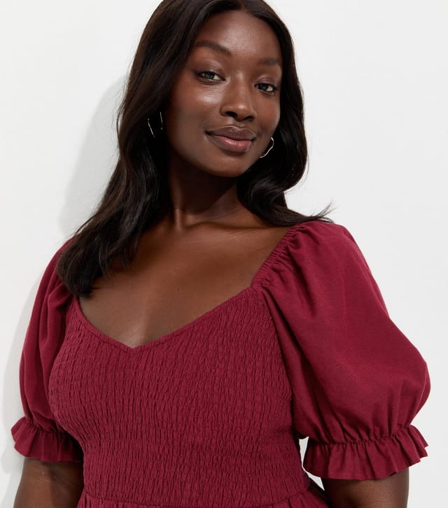 New Look Women's Plus Size Dark Burgundy With Cotton Shirred Bodice Puff Sleeve Midi Dress Curves New Look - 2