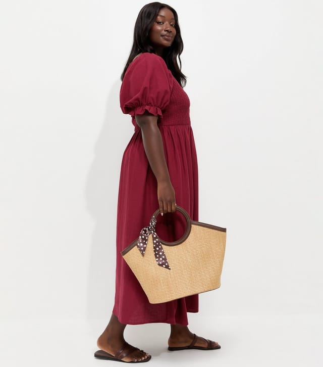 New Look Women's Plus Size Dark Burgundy With Cotton Shirred Bodice Puff Sleeve Midi Dress Curves New Look - 3