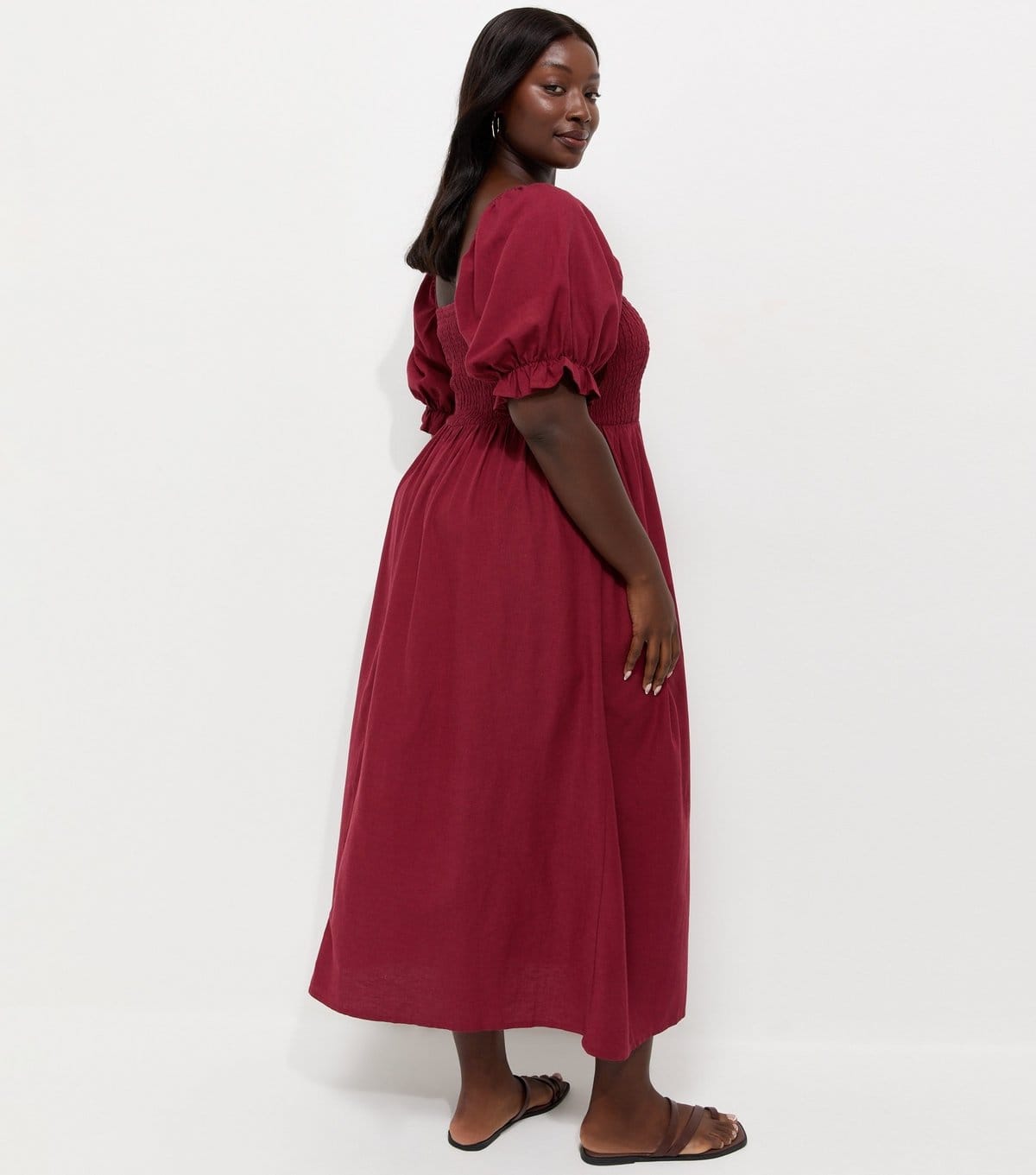 New Look Women's Plus Size Dark Burgundy With Cotton Shirred Bodice Puff Sleeve Midi Dress Curves New Look - 4