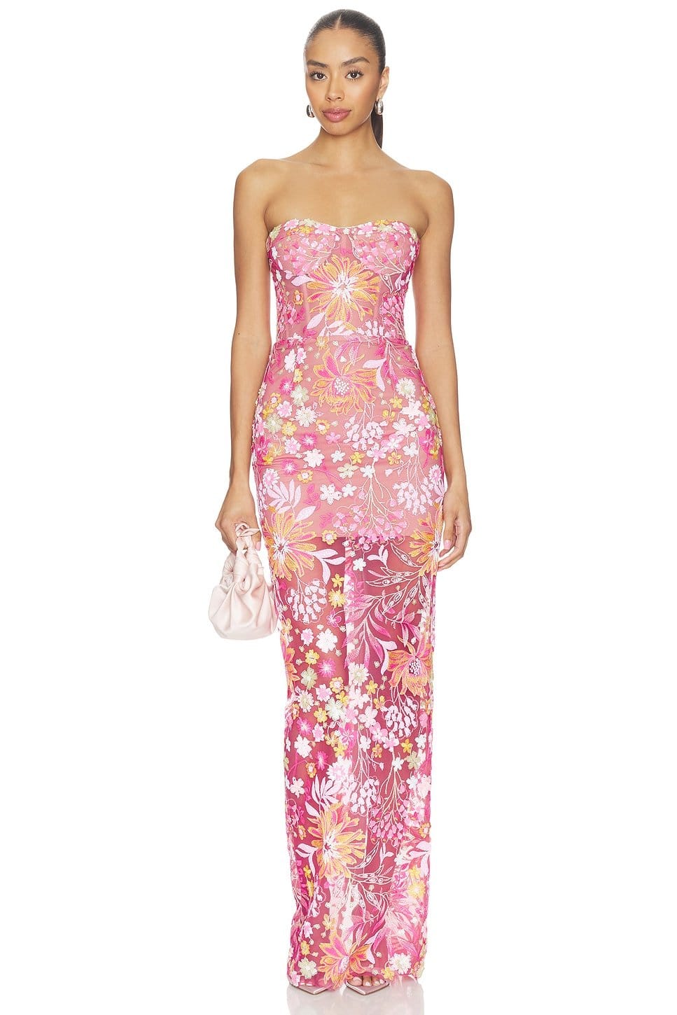 Revolve Pink Multi Sequin Dahlia Strapless Maxi Dress