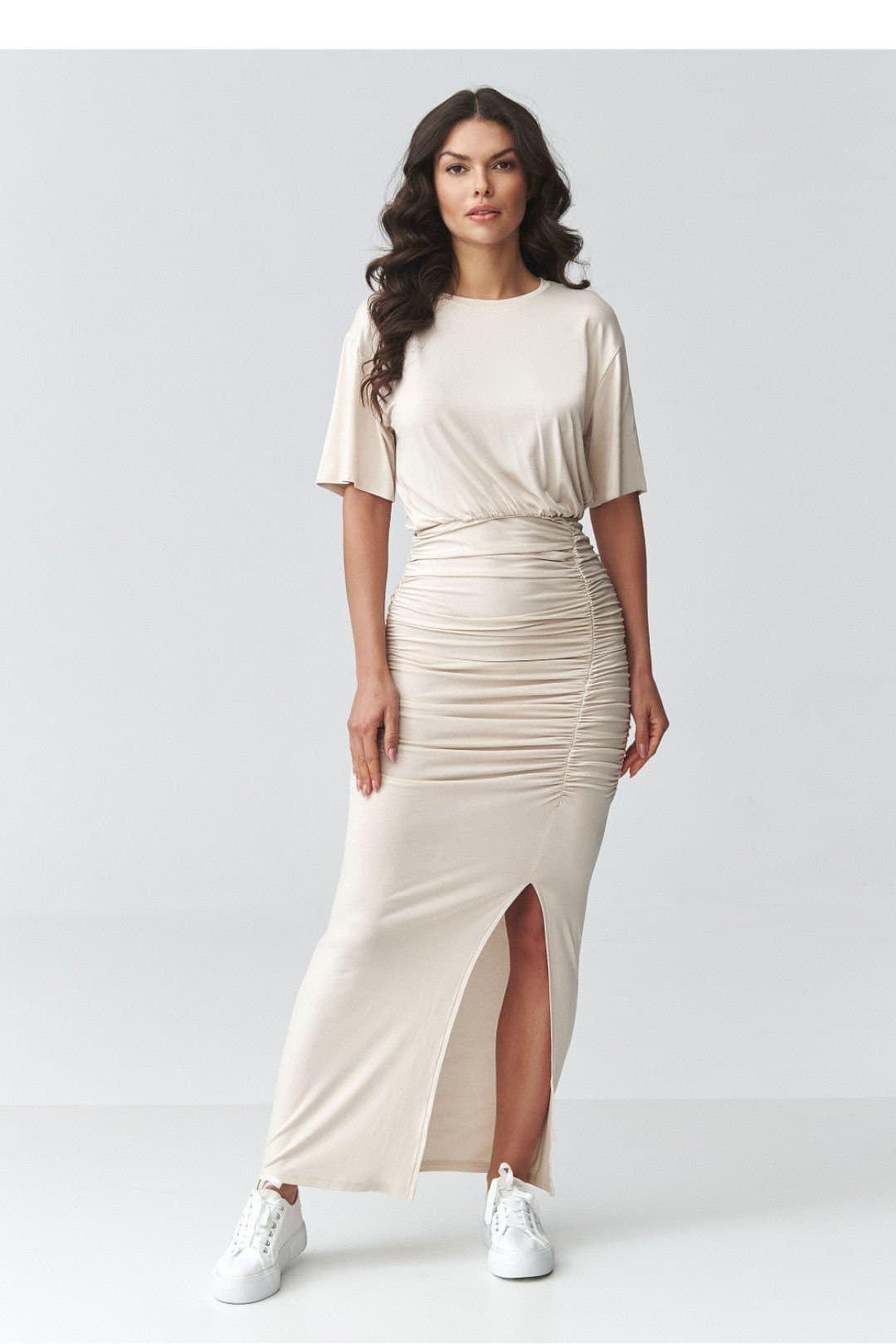 Love Lace Love Lace Women's Feminine Ruched Maxi Dress With Side Slit in Beige