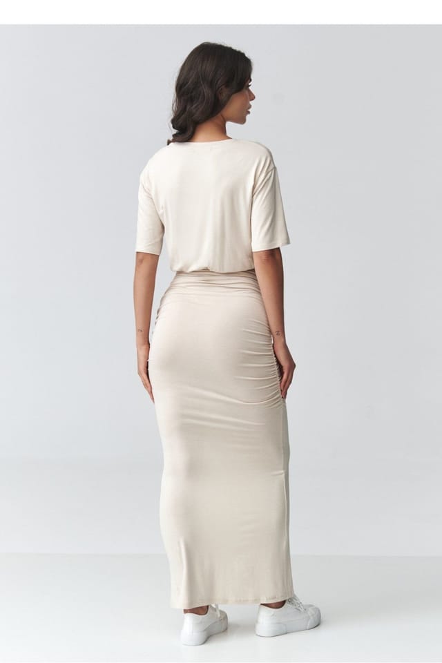 Love Lace Love Lace Women's Feminine Ruched Maxi Dress With Side Slit in Beige - 3