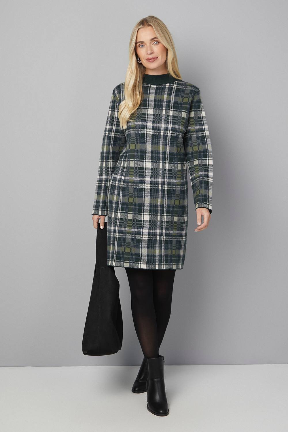 Wallis Wallis Women's Petite Zip Neck Tartan Knitted Dress in Khaki - 2