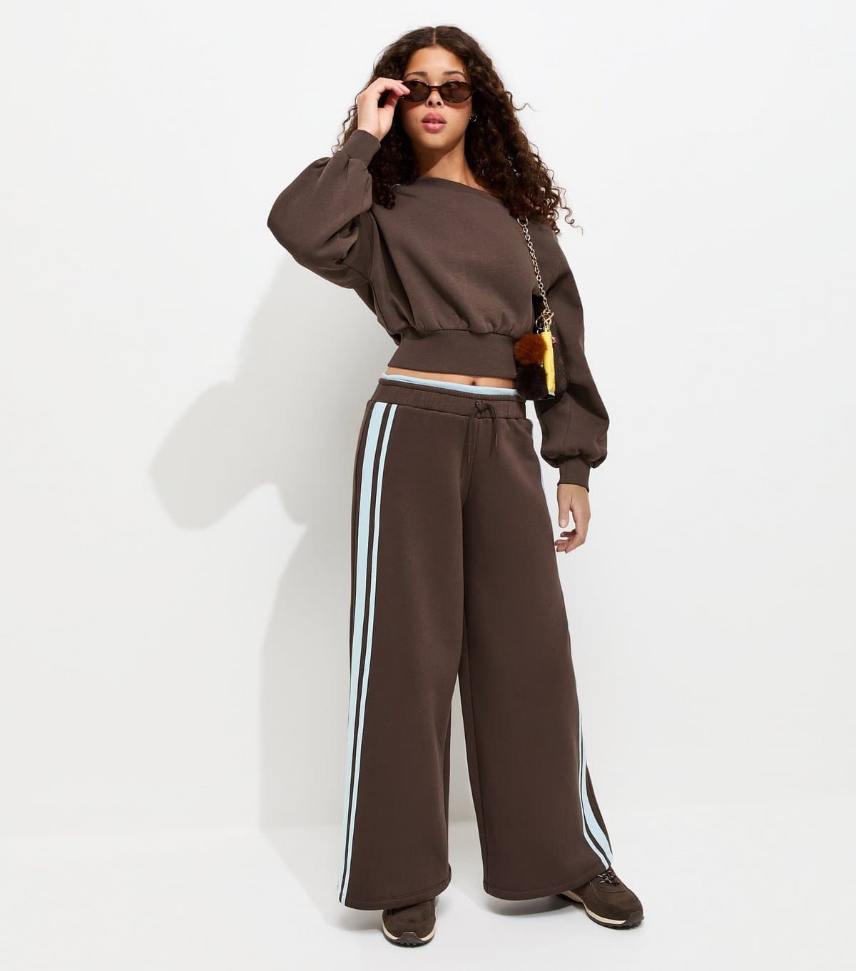 New Look Girls' Dark Brown Cotton Rich Side Stripe Super Wide Leg Joggers New Look