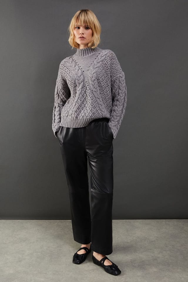 Warehouse Warehouse Women's Chunky Cable Knit Roll Neck Jumper in Grey Marl - 2
