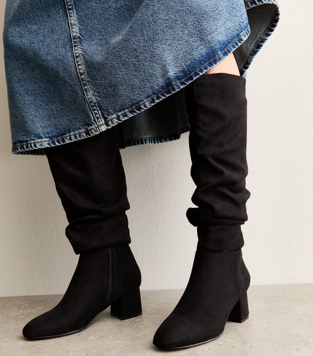New Look Women's Black Faux Suede Ruched Knee High Boots Vegan New Look - 2