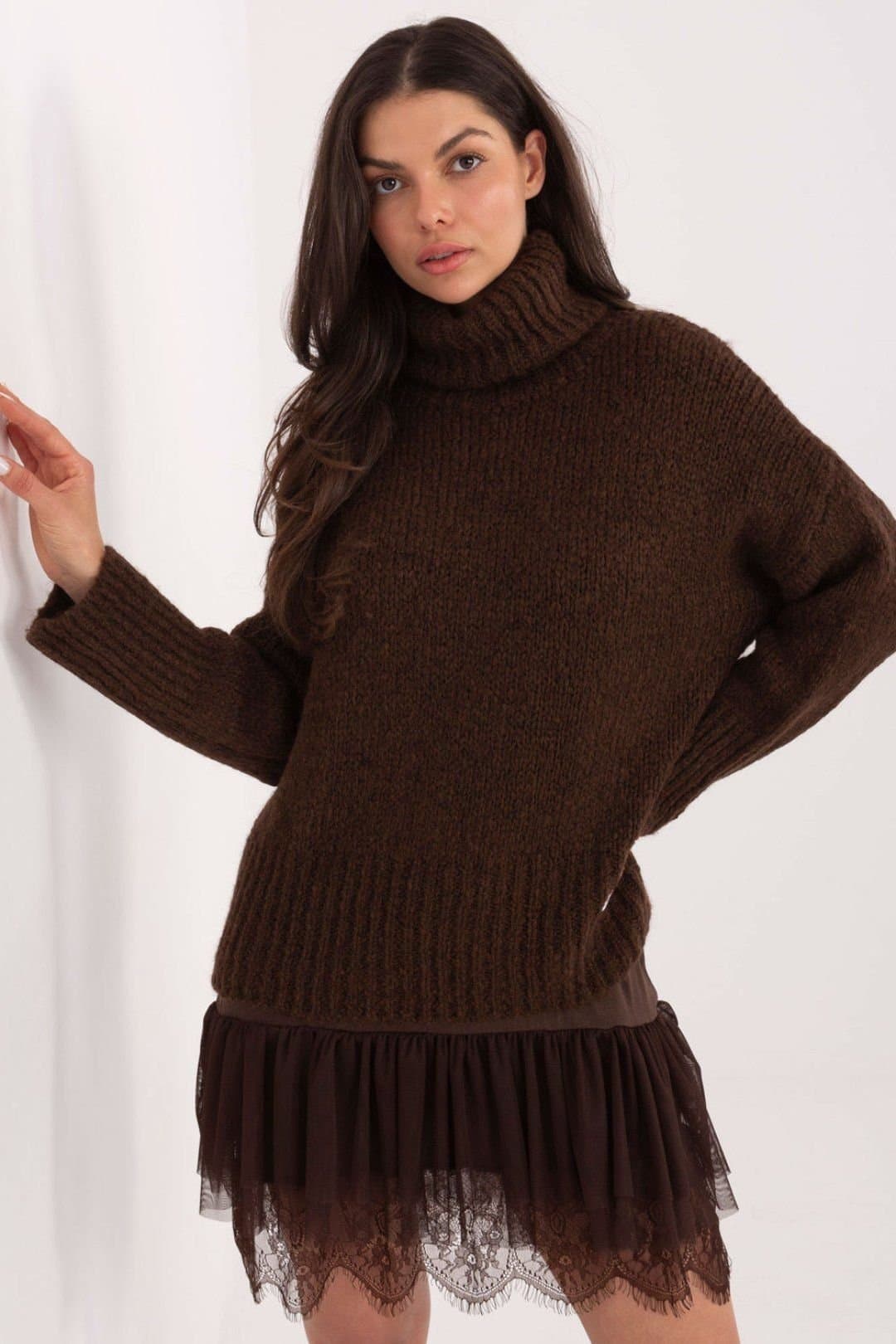 Love Lace Love Lace Women's Thick Knit Turtleneck Sweater Long Sleeve in Brown