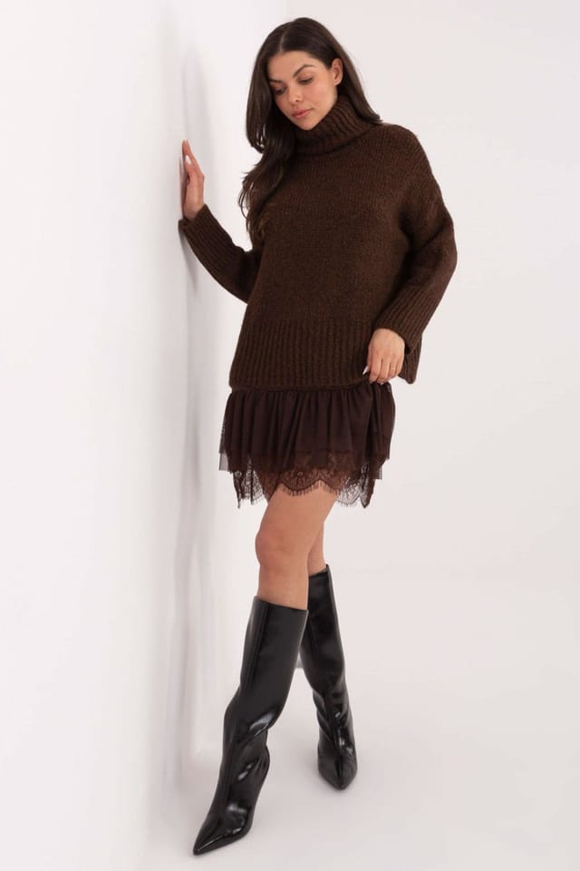 Love Lace Love Lace Women's Thick Knit Turtleneck Sweater Long Sleeve in Brown - 2