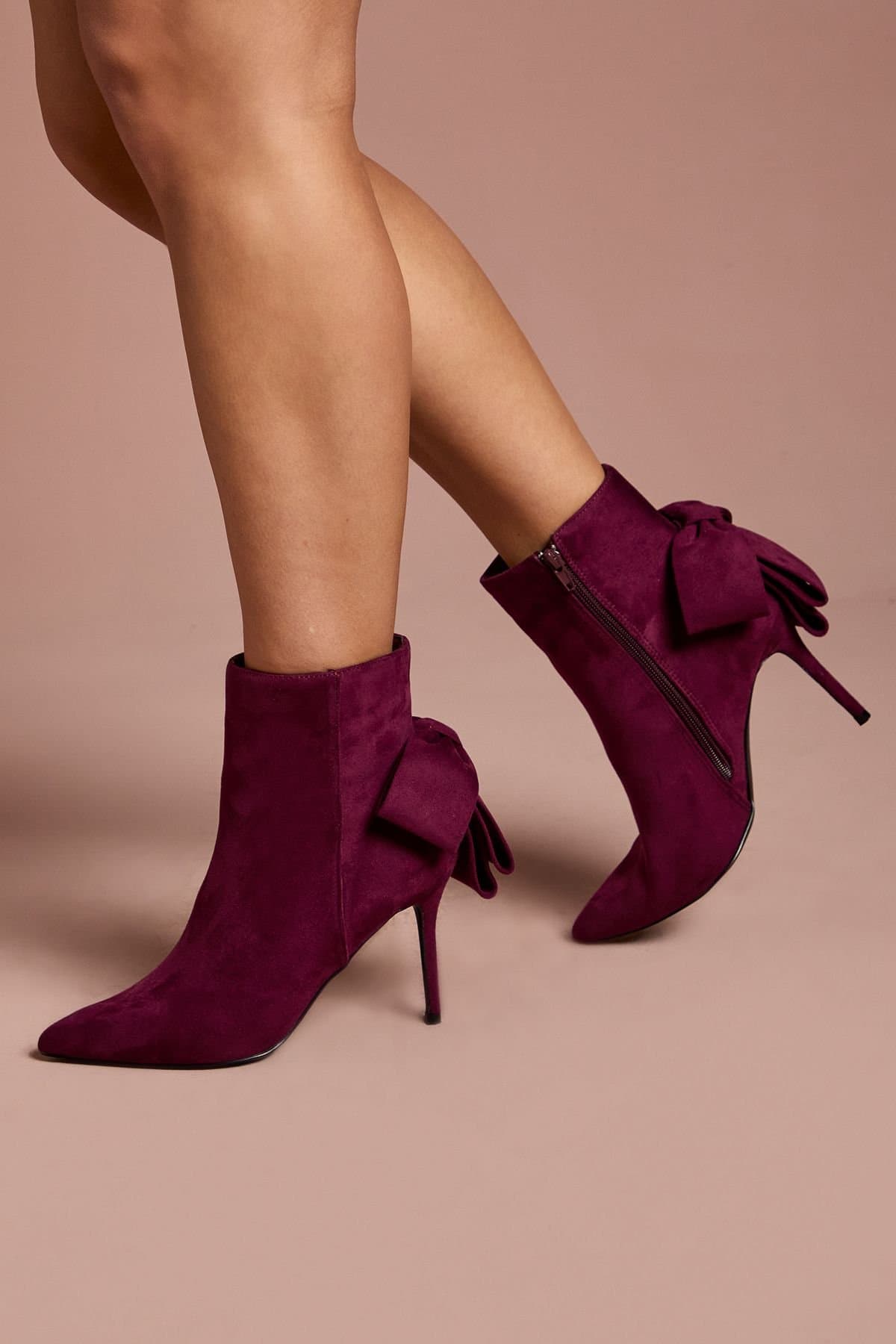 Coast Coast Women's Camilla Faux Suede Bow Back Stiletto High Heeled Ankle Boots in Burgundy