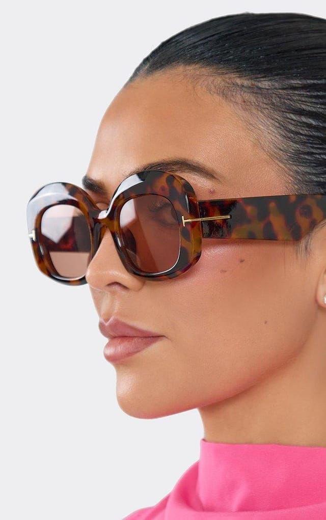 EGO Oversized Round Shaped Gold Trim Detail Thick Framed Sunglasses In Leopard Print, Women's Size UK 0 - 2