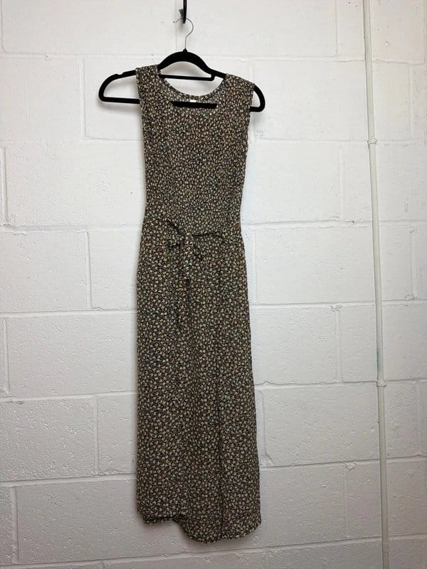 Brown Ditsy Floral Sleeveless Maxi Dress With Tie Waist