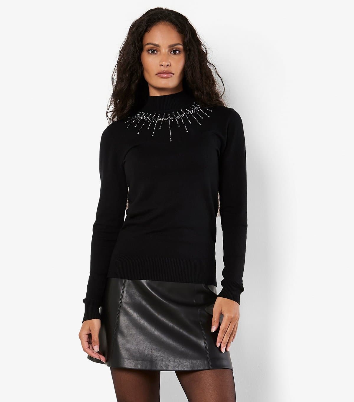 Apricot Women's Black Gem and Stud Neckline Jumper Apricot New Look