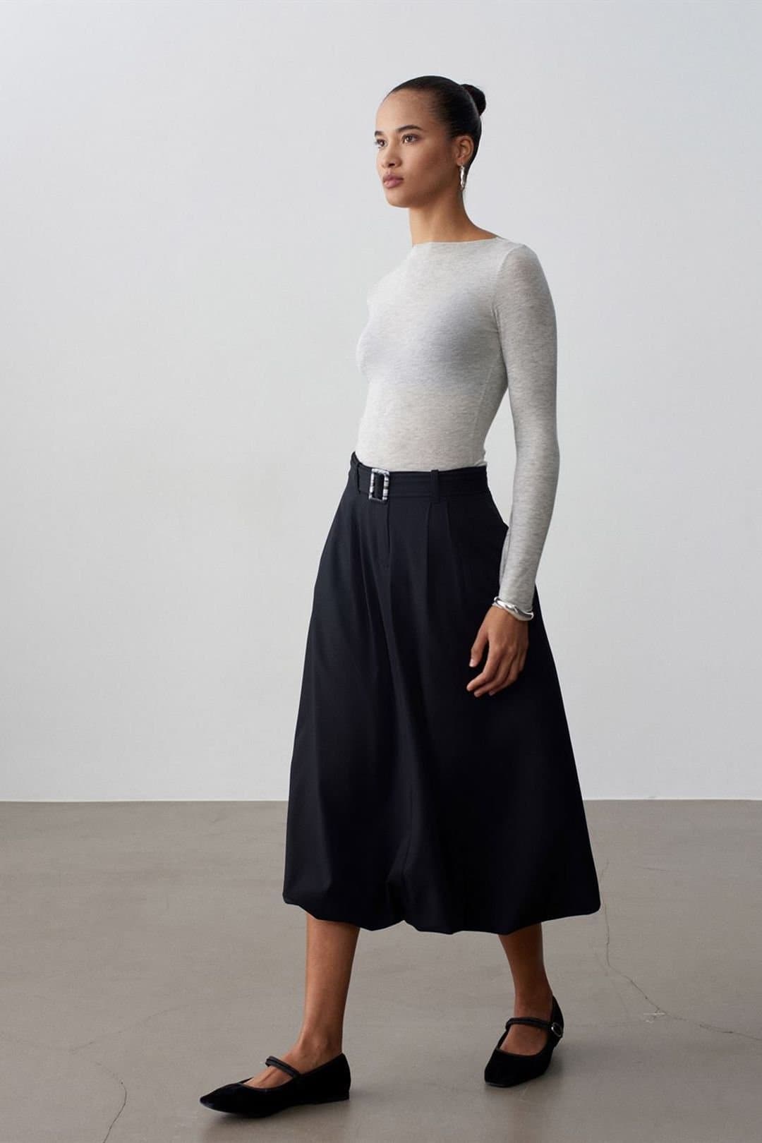 Dilvin Dilvin Women's High-waist Belted Midi Balloon Skirt in Black