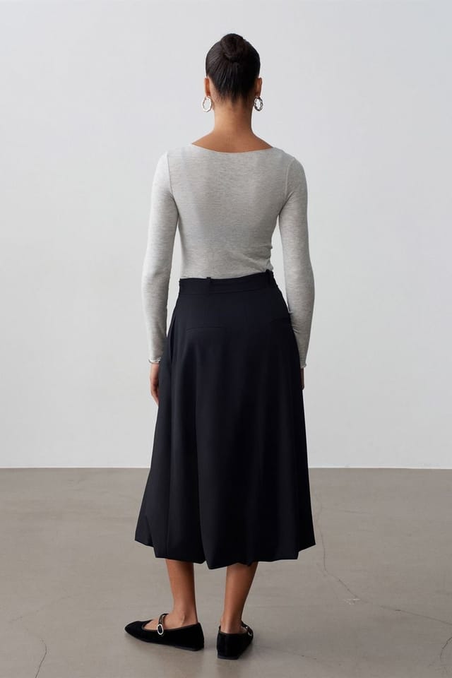 Dilvin Dilvin Women's High-waist Belted Midi Balloon Skirt in Black - 2
