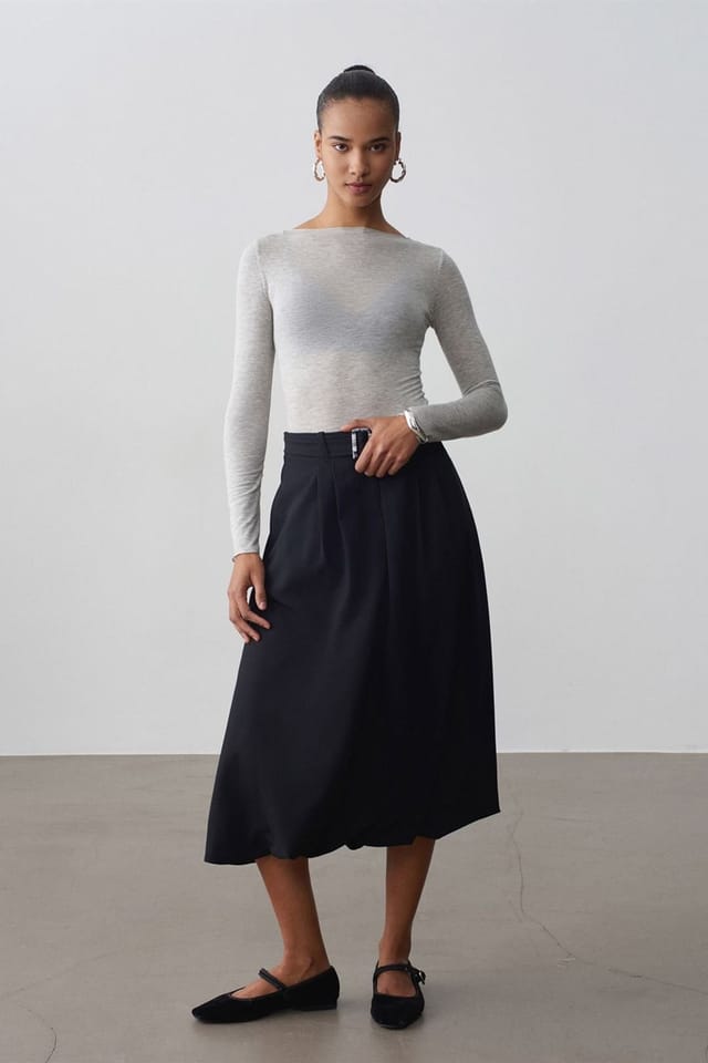Dilvin Dilvin Women's High-waist Belted Midi Balloon Skirt in Black - 3