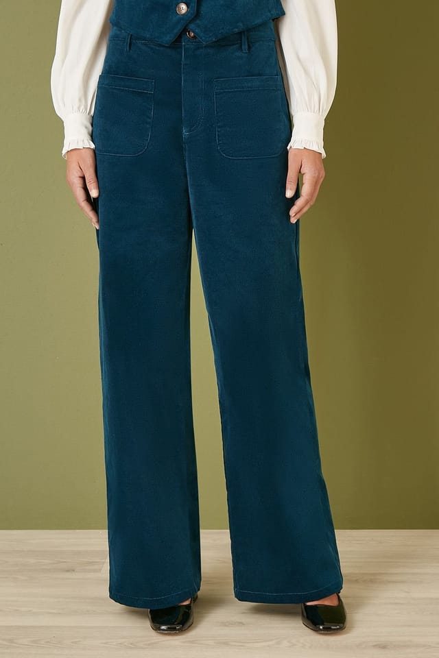 Yumi Yumi Women's Teal Cord Trousers With Patch Pockets - 3