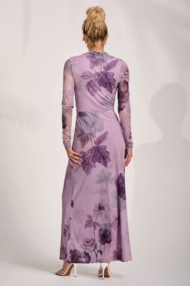 Jolie Moi Jolie Moi Women's High Neck Long Sleeve Mesh Maxi Dress in Purple - 2